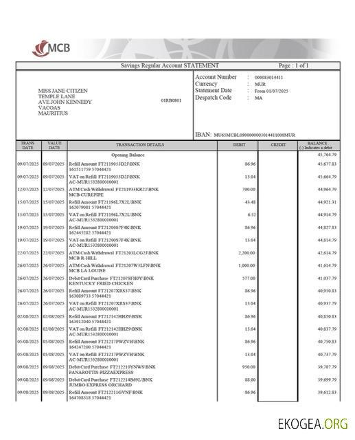 Relevé de compte de la Mauritius Commercial Bank (MCB) Modèle Word et PDF